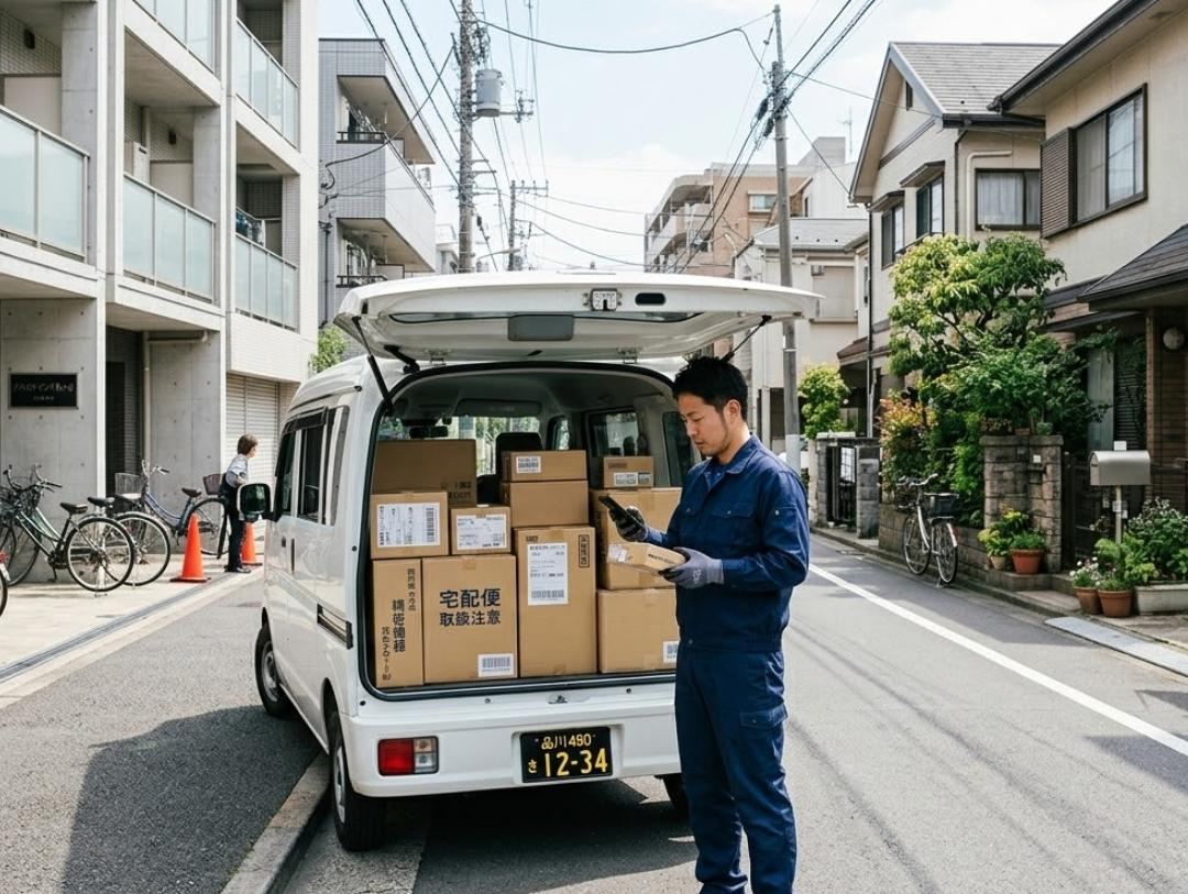 日本国内で荷物を集荷する配送車