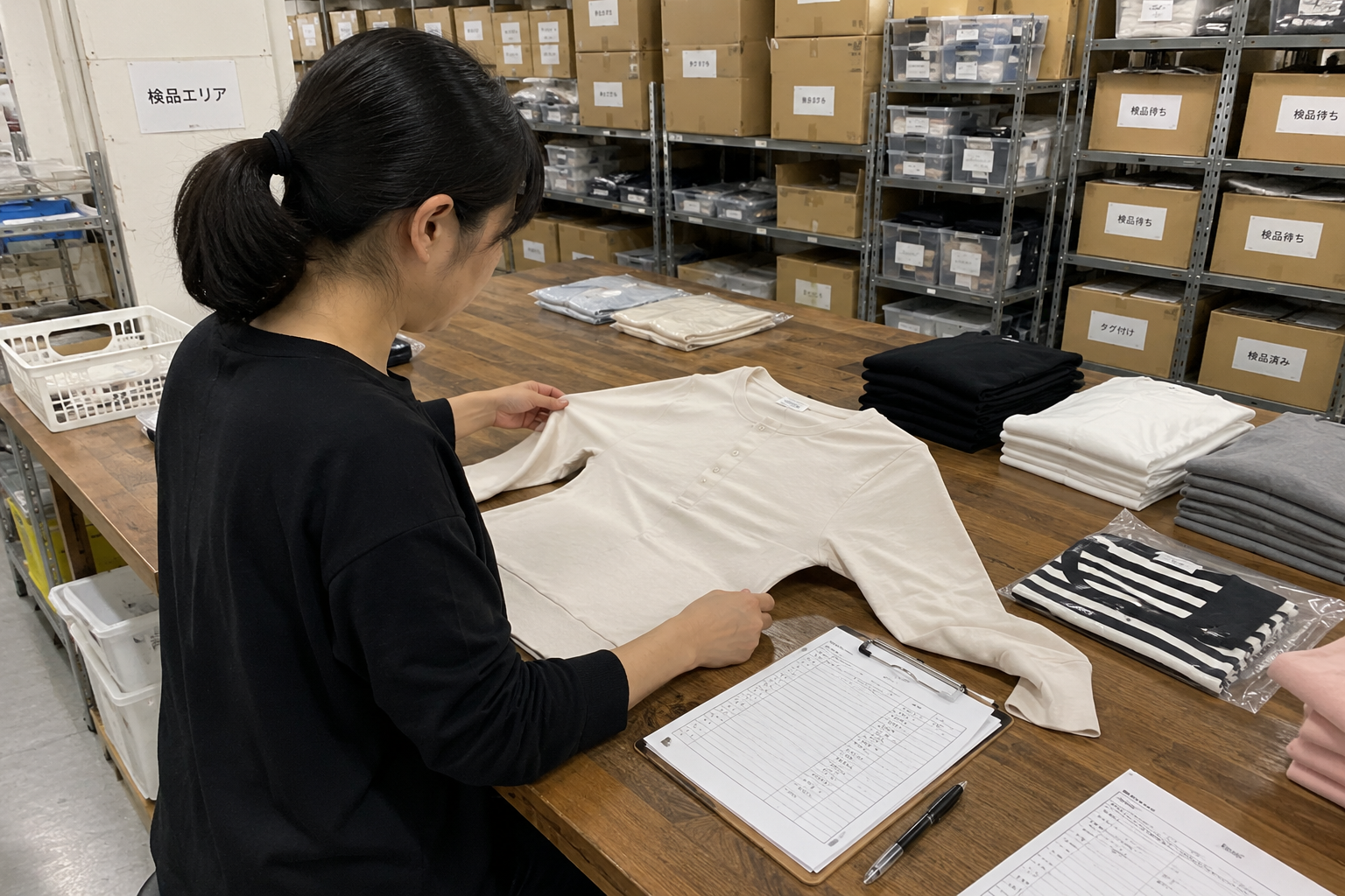 佐倉検品所で行うアパレル商品の検品作業
