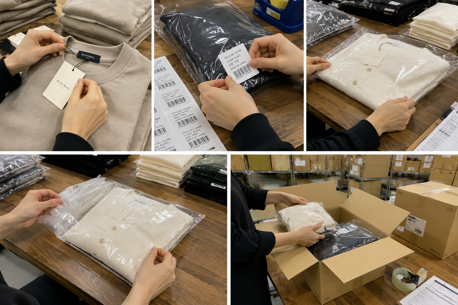 衣類へのタグ付けとラベル貼り作業